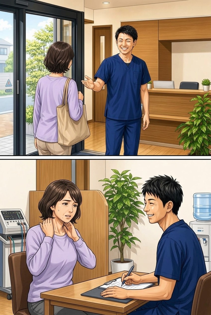 交通事故に遭ったら漫画 5ページ目:たいじゅ接骨院に来院、院長が出迎える
