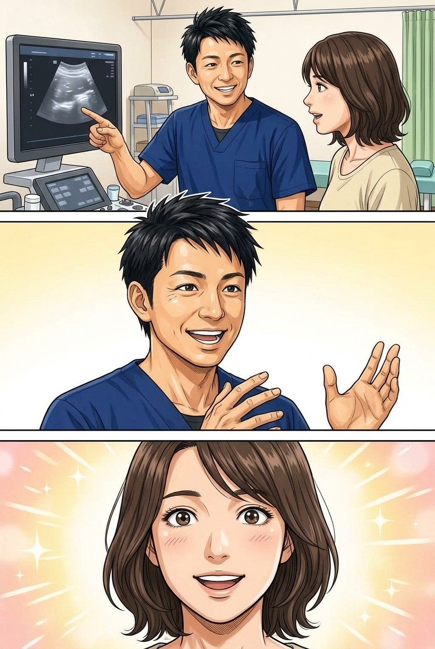 交通事故に遭ったら漫画 6ページ目:エコーで状態確認、自賠責保険で窓口負担0円と説明